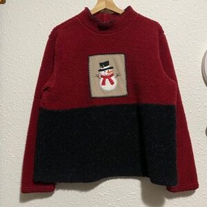 C&B Sport Women's Fleece Pullover Snowman Holiday Red Black L‎ vintage